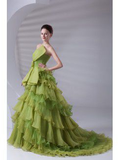 Organza Strapless A-line Sweep Train Bow Prom Dress