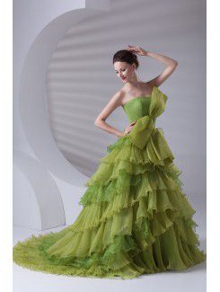 Organza Strapless A-line Sweep Train Bow Prom Dress