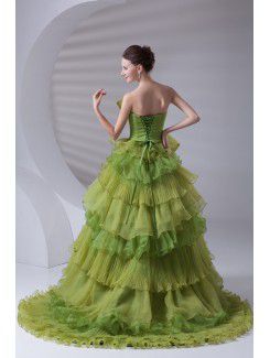 Organza Strapless A-line Sweep Train Bow Prom Dress