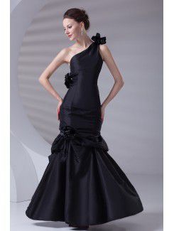 Taffeta Asymmetrical Sheath Floor Length Hand-made Flowers Prom Dress