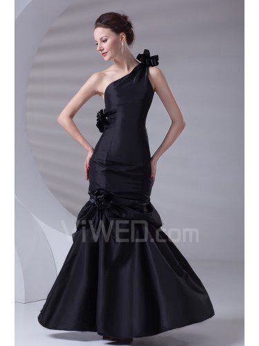 Taffeta Asymmetrical Sheath Floor Length Hand-made Flowers Prom Dress