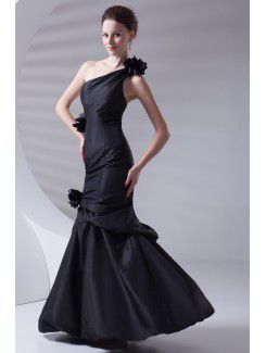 Taffeta Asymmetrical Sheath Floor Length Hand-made Flowers Prom Dress