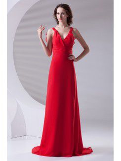 Chiffon V-Neckline Column Sweep Train Prom Dress