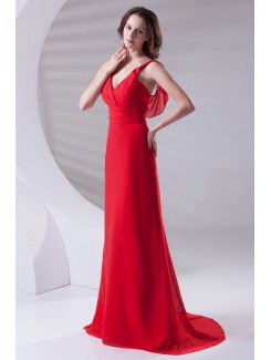 Chiffon V-Neckline Column Sweep Train Prom Dress