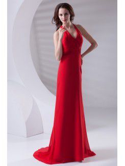 Chiffon V-Neckline Column Sweep Train Prom Dress