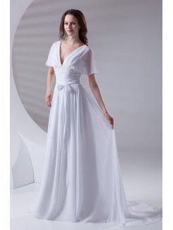 Chiffon V-Neckline Corset Sweep Train Short Sleeves Prom Dress