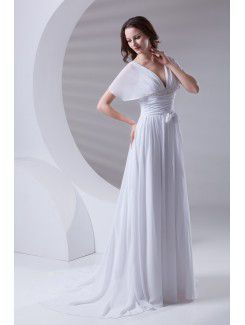 Chiffon V-Neckline Corset Sweep Train Short Sleeves Prom Dress