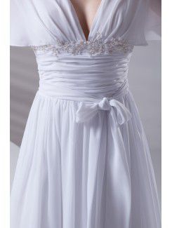 Chiffon V-Neckline Corset Sweep Train Short Sleeves Prom Dress