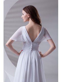 Chiffon V-Neckline Corset Sweep Train Short Sleeves Prom Dress