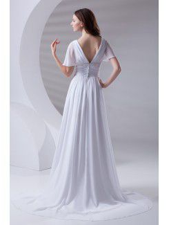 Chiffon V-Neckline Corset Sweep Train Short Sleeves Prom Dress