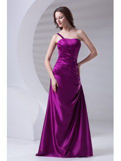 Satin one-shoulder a-linje gulv lengde retningsbores ruched festkjoler