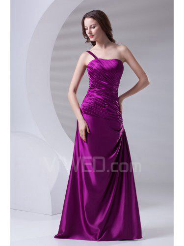 Satin one-shoulder a-linje gulv lengde retningsbores ruched festkjoler