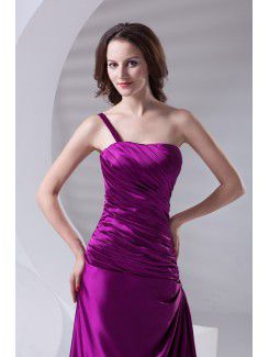 Satin One-Shoulder A-line Floor Length Directionally Ruched Prom Dress