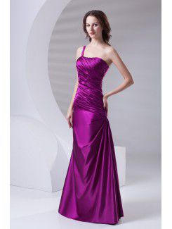 Satin One-Shoulder A-line Floor Length Directionally Ruched Prom Dress