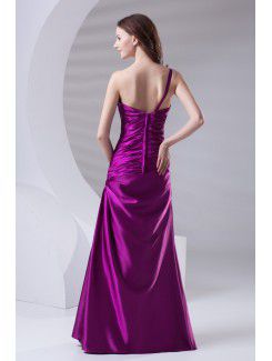 Satin One-Shoulder A-line Floor Length Directionally Ruched Prom Dress