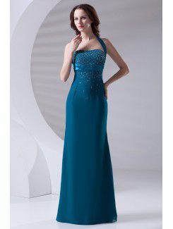 Chiffon Halter Sheath Floor Length Embroidered Prom Dress