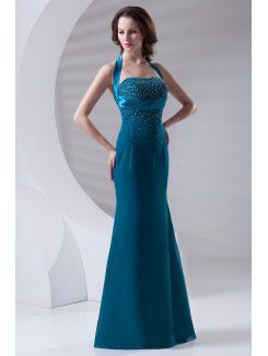 Chiffon Halter Sheath Floor Length Embroidered Prom Dress