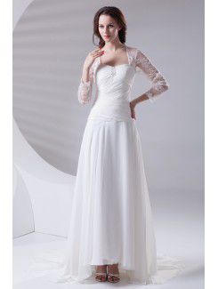 Chiffon Sweetheart A-line Sweep Train Embroidered and Three-quarter Sleeves Prom Dress