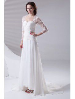 Chiffon Sweetheart A-line Sweep Train Embroidered and Three-quarter Sleeves Prom Dress