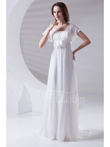 Chiffon Strapless Column Sweep Train Hand-made Flower Prom Dress