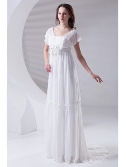 Chiffon Strapless Column Sweep Train Hand-made Flower Prom Dress