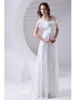 Chiffon Strapless Column Sweep Train Hand-made Flower Prom Dress