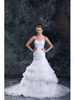 Organza Sweetheart Sweep Train Sheath Embroidered Wedding Dress