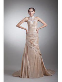 Taffeta High Collar Chapel Train Sheath Embroidered Prom Dress