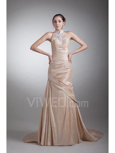 Taffeta High Collar Chapel Train Sheath Embroidered Prom Dress