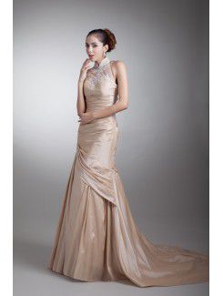 Taffeta High Collar Chapel Train Sheath Embroidered Prom Dress