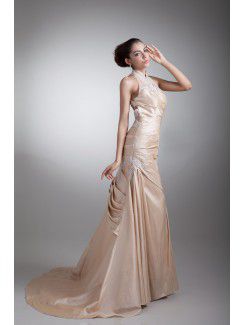 Taffeta High Collar Chapel Train Sheath Embroidered Prom Dress