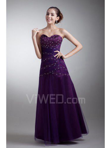 Satin and Net Sweetheart Floor Length A-line Embroidered Prom Dress