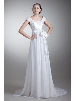 Taffeta and Chiffon Scoop Sweep Train A-line Bow Prom Dress