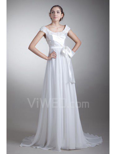 Taffeta and Chiffon Scoop Sweep Train A-line Bow Prom Dress