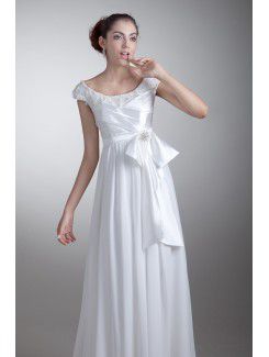 Taffeta and Chiffon Scoop Sweep Train A-line Bow Prom Dress