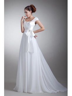 Taffeta and Chiffon Scoop Sweep Train A-line Bow Prom Dress