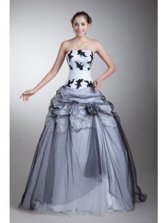 Satin and Net Strapless Floor Length Ball Gown Embroidered Prom Dress