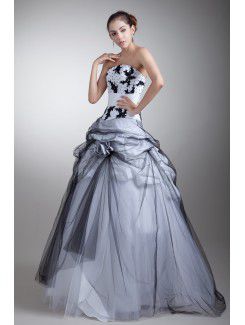 Satin and Net Strapless Floor Length Ball Gown Embroidered Prom Dress