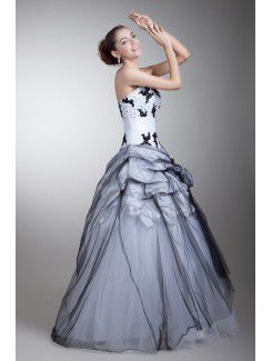 Satin and Net Strapless Floor Length Ball Gown Embroidered Prom Dress