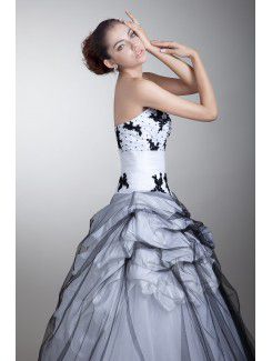 Satin and Net Strapless Floor Length Ball Gown Embroidered Prom Dress