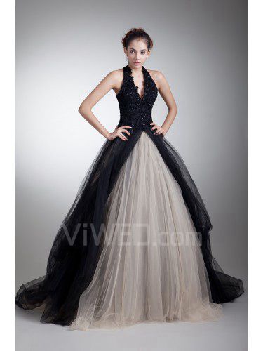 Satin and Net Halter Sweep Train Ball Gown Embroidered Prom Dress