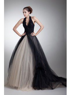 Satin and Net Halter Sweep Train Ball Gown Embroidered Prom Dress