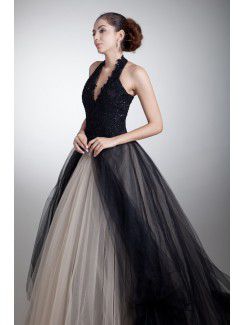 Satin and Net Halter Sweep Train Ball Gown Embroidered Prom Dress