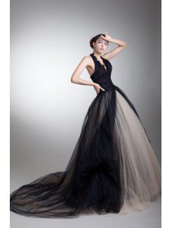 Satin and Net Halter Sweep Train Ball Gown Embroidered Prom Dress