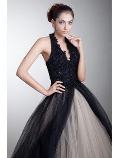 Satin and Net Halter Sweep Train Ball Gown Embroidered Prom Dress