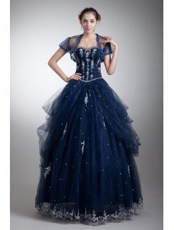 Satin and Net Sweetheart Floor Length Ball Gown Embroidered Prom Dress with Jacket