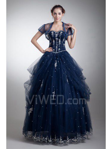 Satin and Net Sweetheart Floor Length Ball Gown Embroidered Prom Dress with Jacket