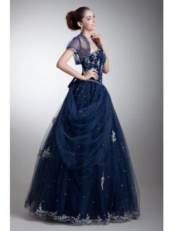 Satin and Net Sweetheart Floor Length Ball Gown Embroidered Prom Dress with Jacket