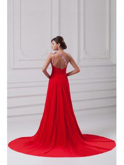 Chiffon Asymmetrical Chapel Train Column Embroidered Prom Dress