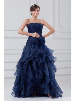 Organza Strapless Floor Length A-line Hand-made Flower Prom Dress